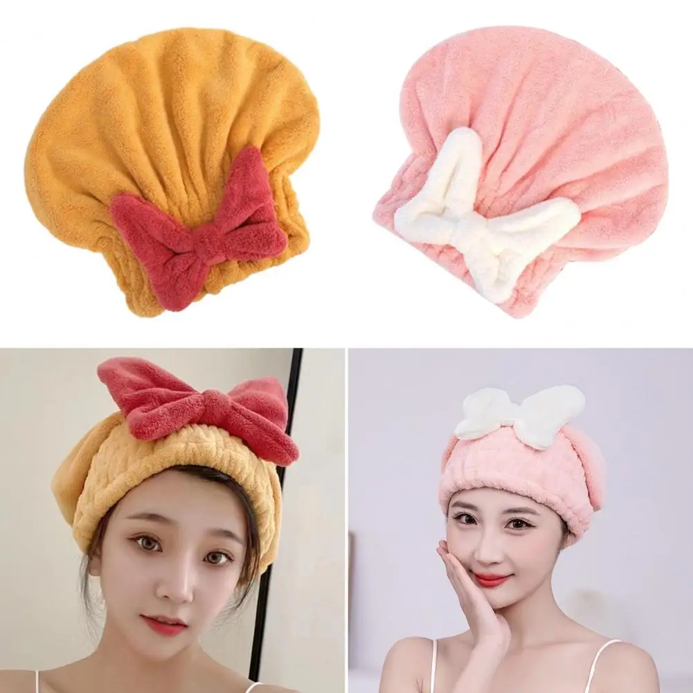 Quick Dry Shower Cap for Women Girls Cute Bowknot Absorbent Coral Fleece Elastic Drying Hair Hat Curly Long Thick Hair