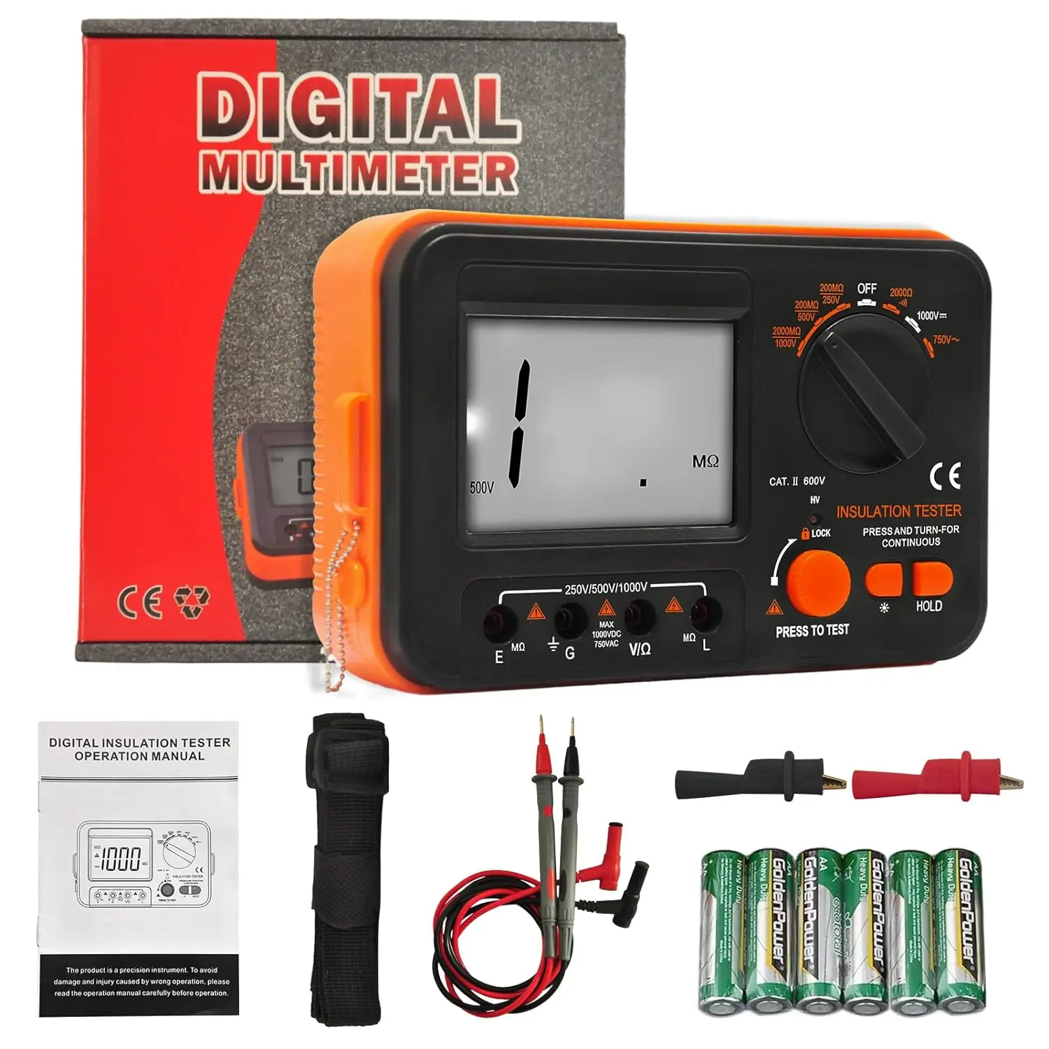 Digitale Isolatieweerstand Tester Dcv Acv Megohm Meter DC250/500/1000V AC750V Hoogspanning Met Kortsluiting ingang Alarm