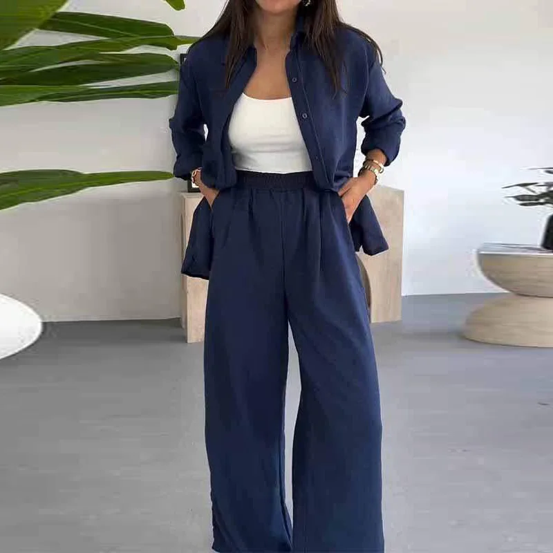

Women Leisure Long Sleeve Shirts Wide Leg Pants Matching Set Chic Lapel Button Set Spring Summer New Solid Color Commute 2 Piece