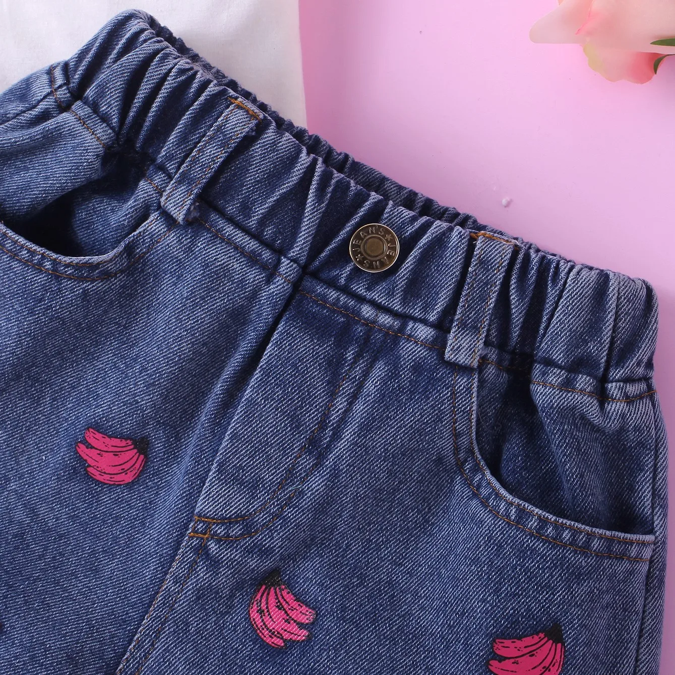 Cross-Border Spring/Summer Fashion Girls Short Sleeve Printed Top Furry Printed Denim Trousers Suit