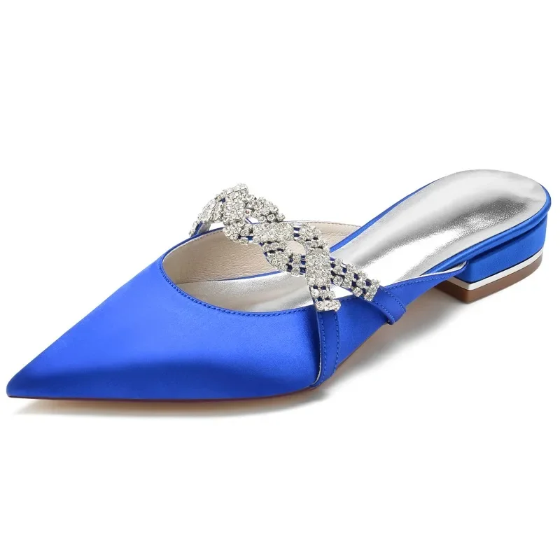 2024 Pointed Silver Insole Flat Sole Slippers for Outerwear 36-43 Rhinestone Satin Women Sandals New 3cm Thick Heel Skirts Shoes