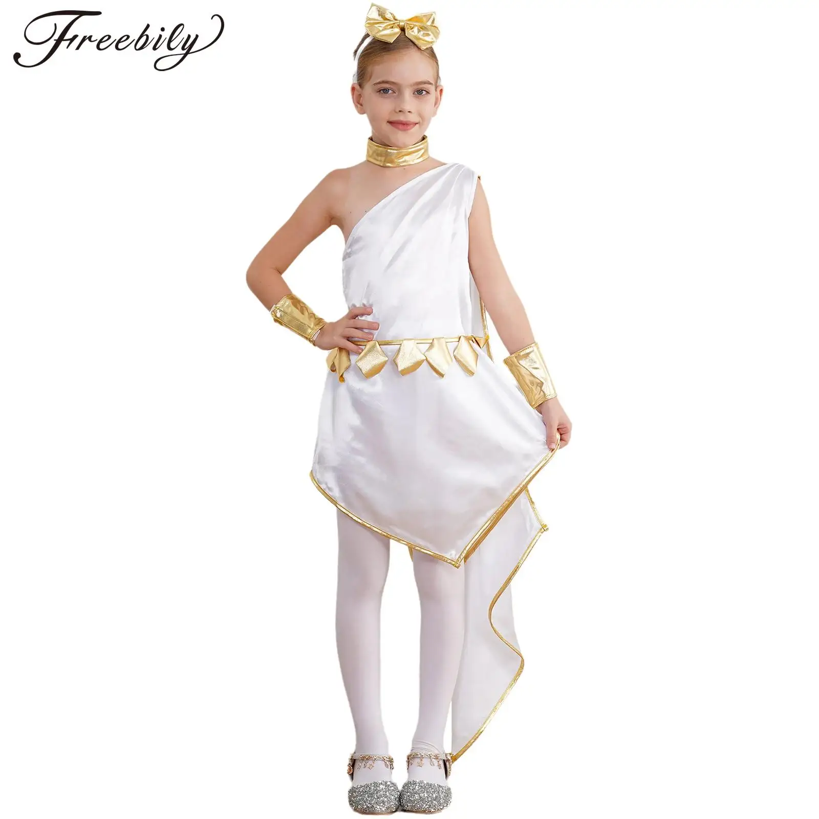 Kids Girls Ancient Greek Toga Grecian Gown Dress Athena Princess Costume One Shoulder Dress Halloween Cosplay Fancy Dress Up