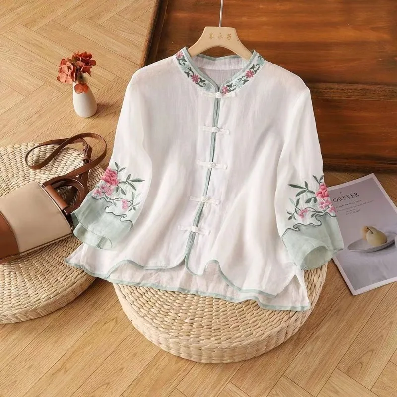 Embroidery Chinese Style Blouses Summer Vintage Women\'s Shirt Loose Cotton Linen Women Tops Short Sleeves Clothing 2024 Korean