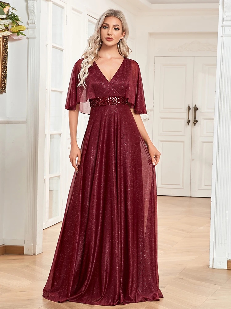 XUIBOL elegante abito da sera formale con paillettes manica corta 2024 donne festa di nozze Prom scollo a v Ruffles abito rosso in Chiffon Vestidos