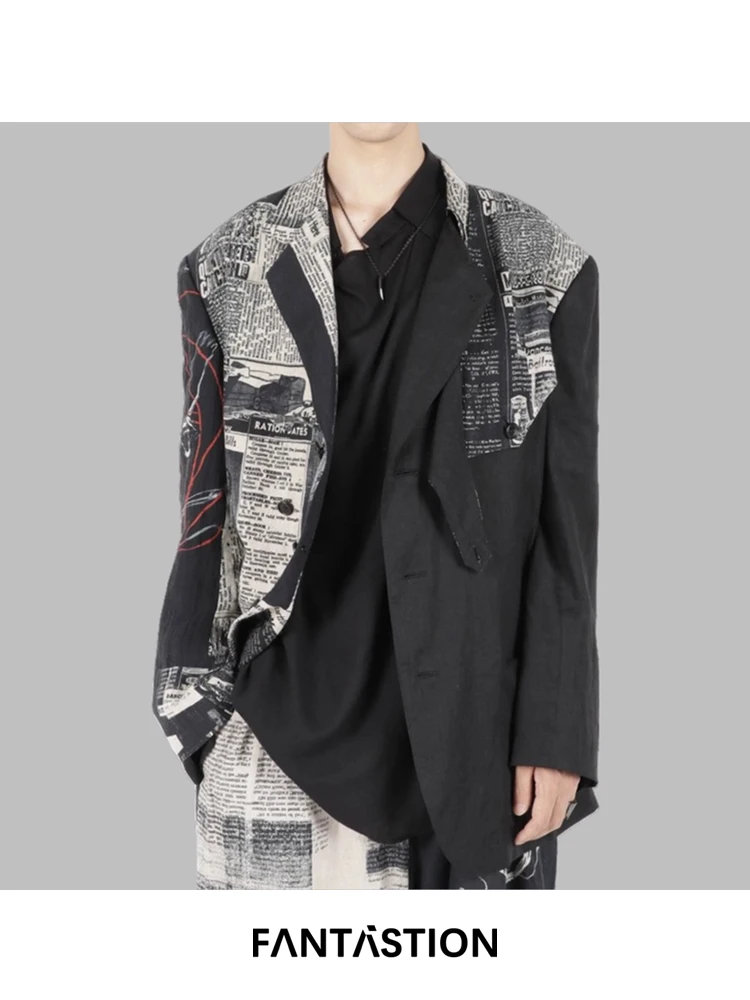 

FANTASTION unisex vintage-style oversized blazer, lightweight linen jacket with luxury newspaper print for casual elegance