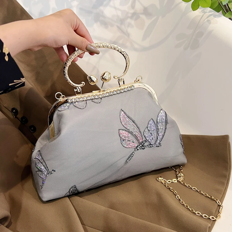 Butterfly embroidery Banquet Clutch bag for Girl handbag for women Sparkly Sequins Party Evening bag PROM shoulder crossbody bag