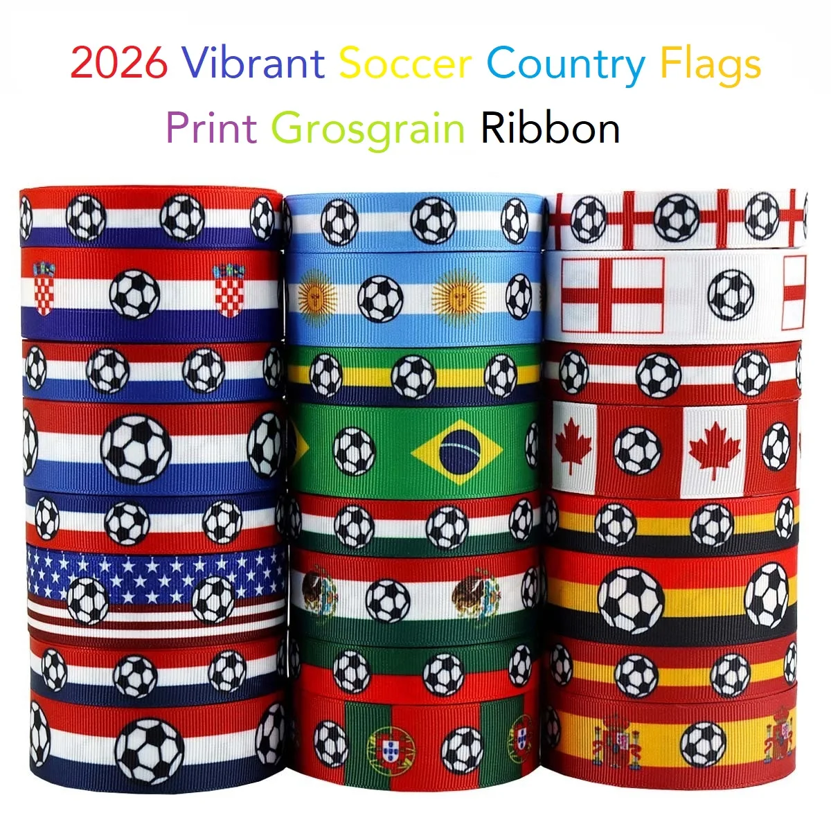 2026 Vibrant Soccer Country Flags Print Grosgrain Ribbon 25mm Width for Cheerleading DIY Crafts 50/100 Yards