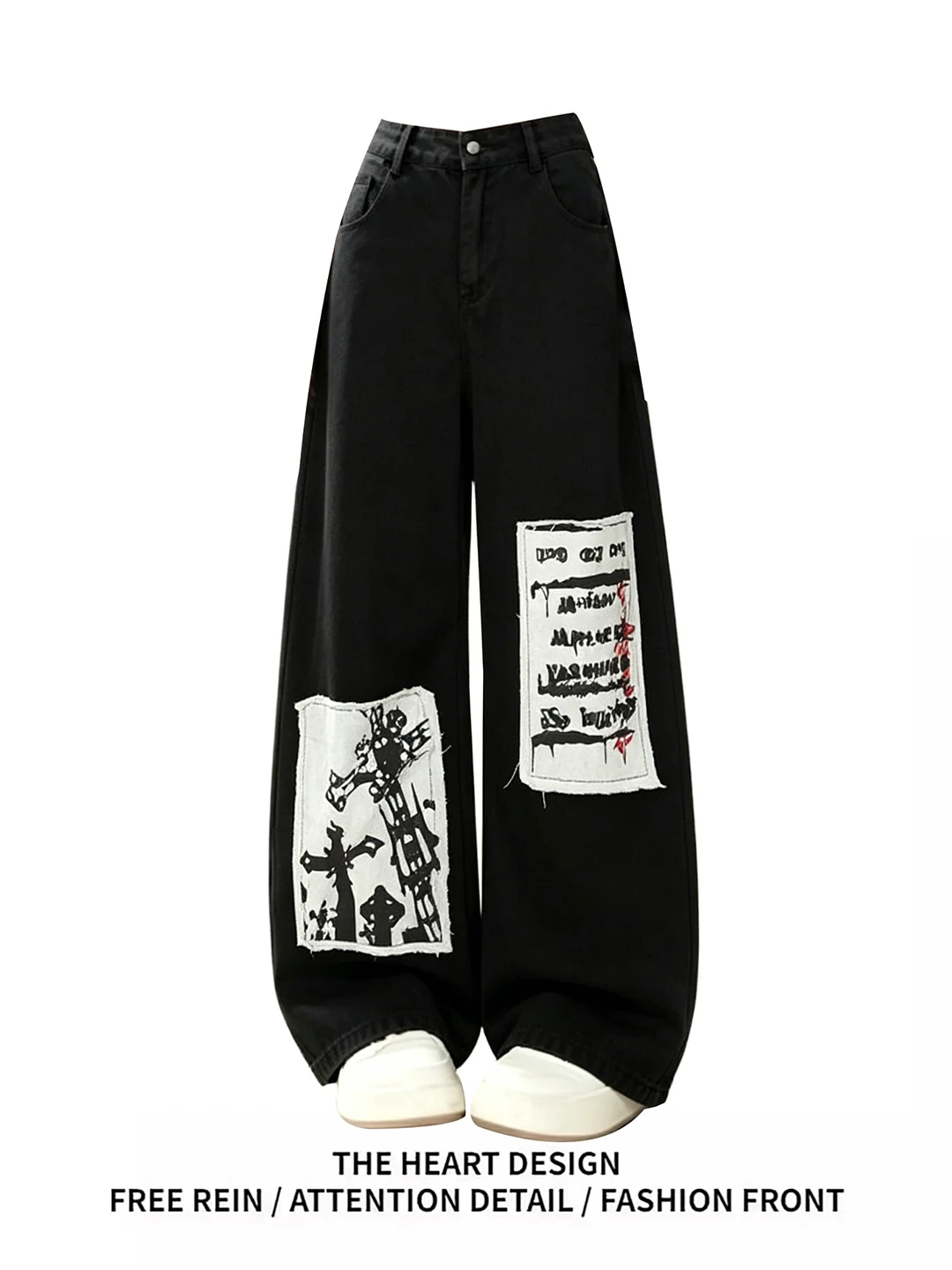 

American Retro Patchwork Knife Wide Leg Jeans Women Summer Loose Fitting Floor Length Casual Soft Washed Denim Pants