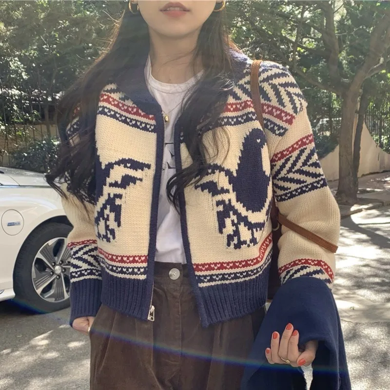 Retro Printed Color Block Cardigan Women Coat Sweater Cardigan Female Long Sleeved Knitted Loose Cardigan Autumn Winter