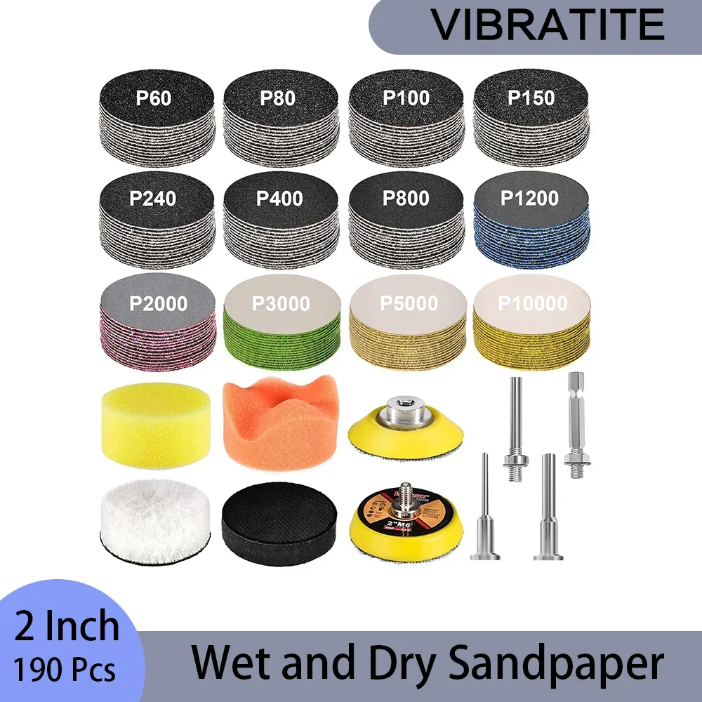 

2 Inch Hook and Loop Sanding Disc 190 Pcs Assorted 60 to 10000 Grit Wet Dry Sandpaper with Backing Pad Sponge for Auto Metal