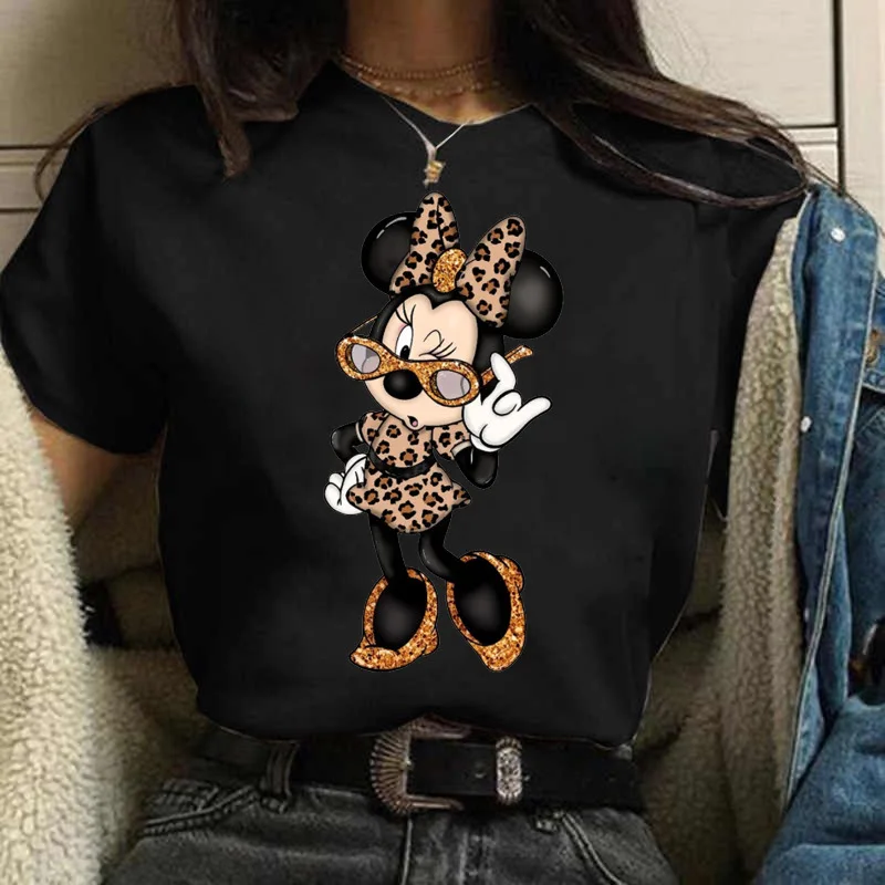 2024 Cute Women's Casual Spring and Summer Mickey MouseT-shirt Women's Disney Print Short Sleeve Round Neck  Cotton T-shirt