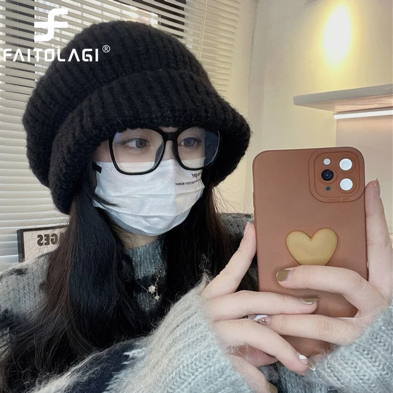 Korean Girl Baggy Knitted Hat Solid Color Slouchy Beanies Soft Wool Crochet Bonnet Winter Warm Women Ear Protection Skullies Cap