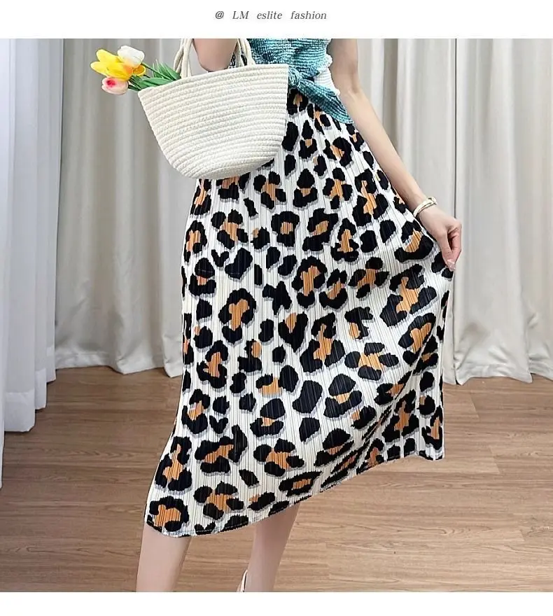 New Summer High-waisted Leopard Print Skirt with Pleated Retro Slim Slit Skirt