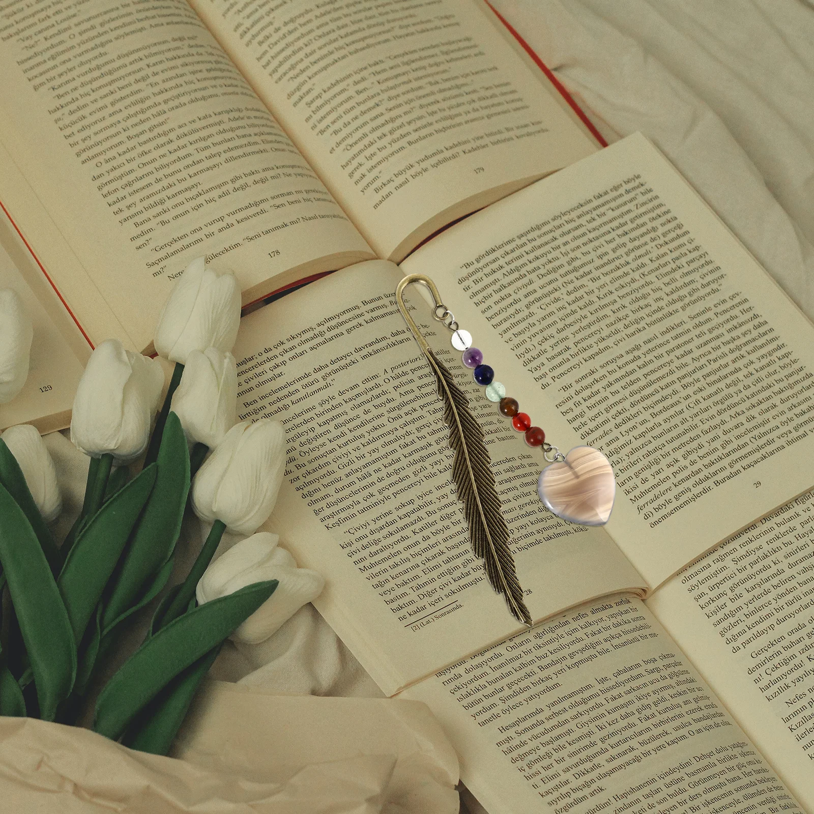 

Heart Natural Stone Bookmark Metal Plume Shape Decorative Page-Marker Gift for Readers Book Lovers Bookmarks for Women