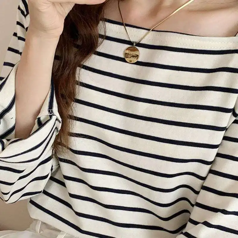 French Square Neck Tee - Women's Loose Fall Top, Stripe Long Sleeve Blouse with Collarbone Cutout