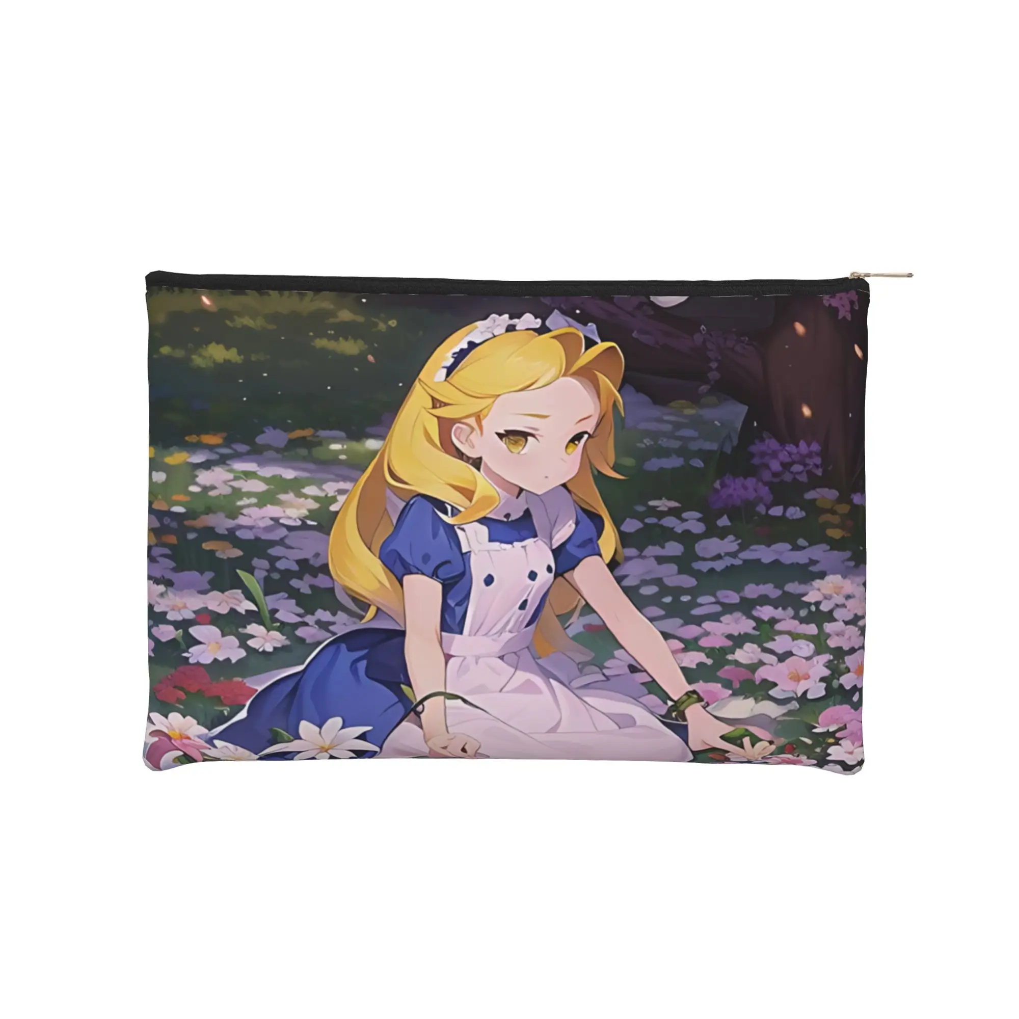 Bolsa de maquillaje plegable de dibujos animados, bolsa de maquillaje de cuento de hadas, Alicia en el país de las maravillas con flores, bolsa de aseo con cremallera, organizador de maquillaje, 1 ud.