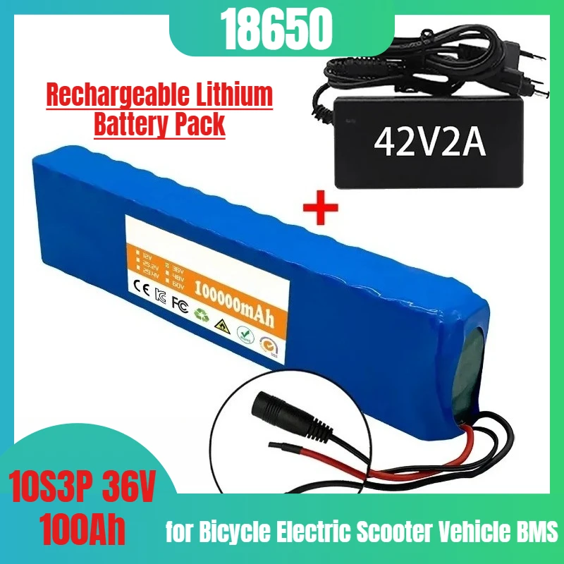 10S3P 36V 100Ah 18650 Rechargeable Lithium Battery Pack 1000W Power for Bicycle Electric Scooter Vehicle BMS +42V Charger