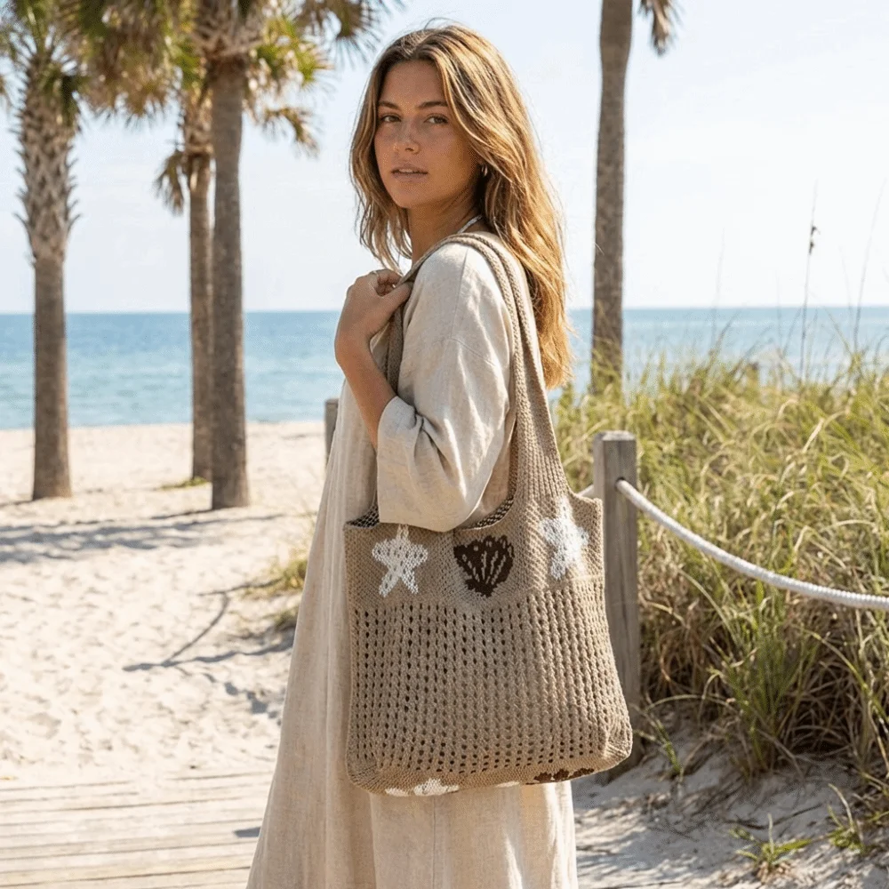 

Retro Starfish Knitted Tote Bag Woolen Shell Crochet Handbag Large Capacity Korean Style Hollow Shoulder Bag Women