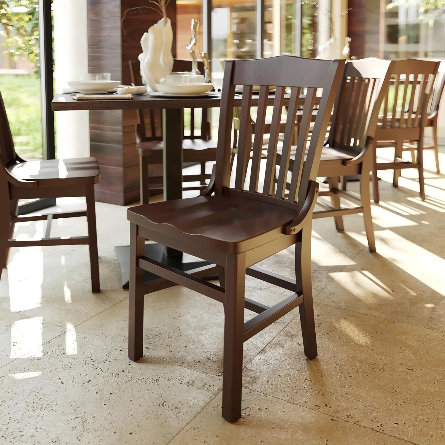 Hercules Series School House Back Mahogany Wood Dining Chair, Traditional Elegant Wood Restaurant Chair, Walnut