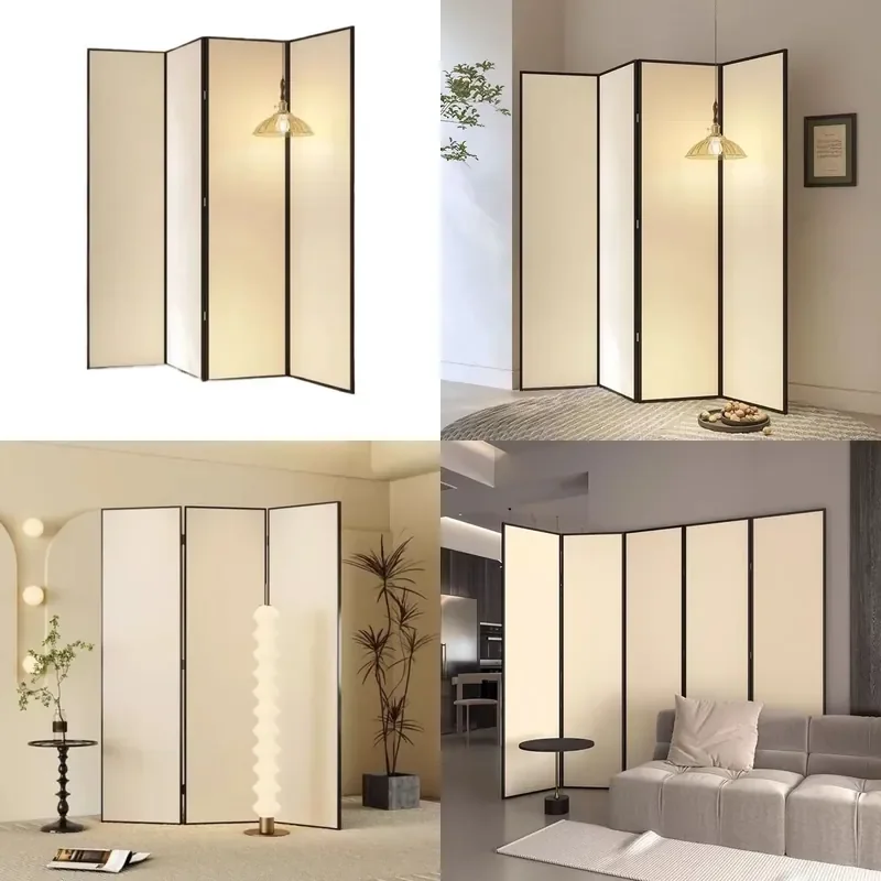 Cream Folding Screen Room Divider Portable Partition for Living Room Office Hotel Background Warm Tone Mobile Privacy Panel