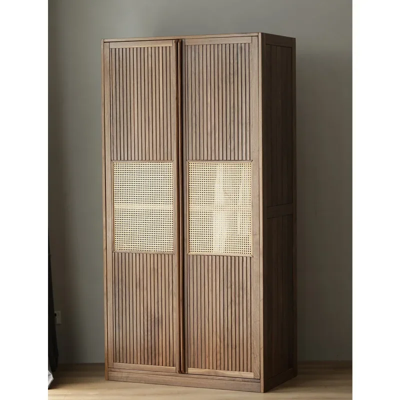 Black walnut bedroom wardrobe, locker Japanese rattan double door solid wood wardrobe, combination solid wood wardrobe