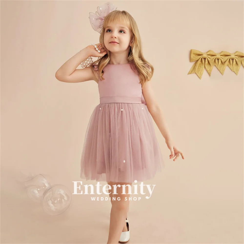 Flower Girl A-Line Scoop Neck Vestidos, Altura do Joelho, Cetim, Tule, Beading, Elegante, Casamento, Meninas