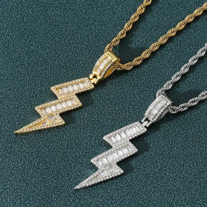 Gold Tone Iced Out Lightning Pendant Necklace Baguette Zircon Rope Chain Hip Hop Bling Statement Neck Jewelry for Men Women