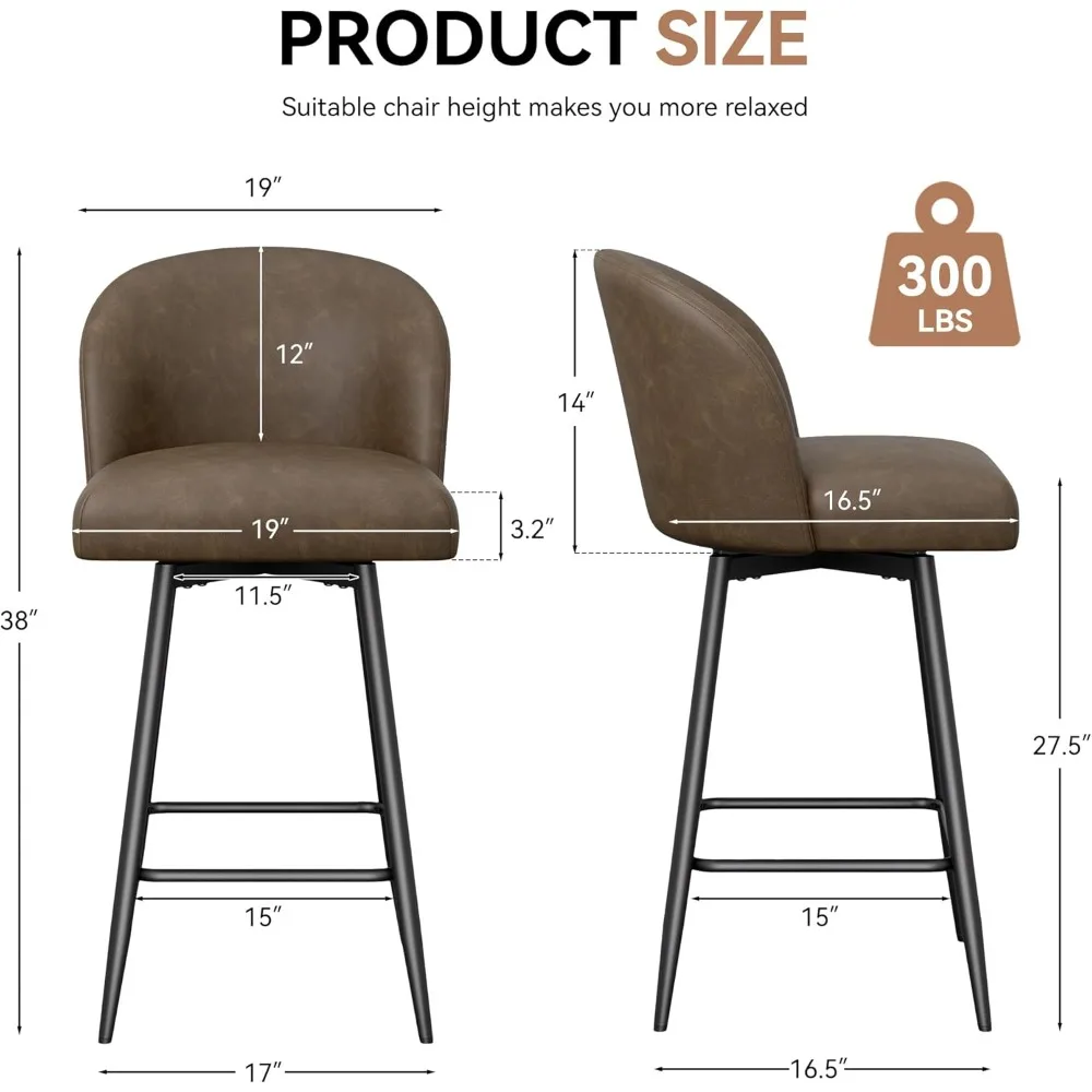 Juego de taburetes de bar con altura de mostrador de 4,360 °   Taburetes de bar giratorios con respaldo alto y patas de metal, altura del asiento de 26", cuero PU tapizado