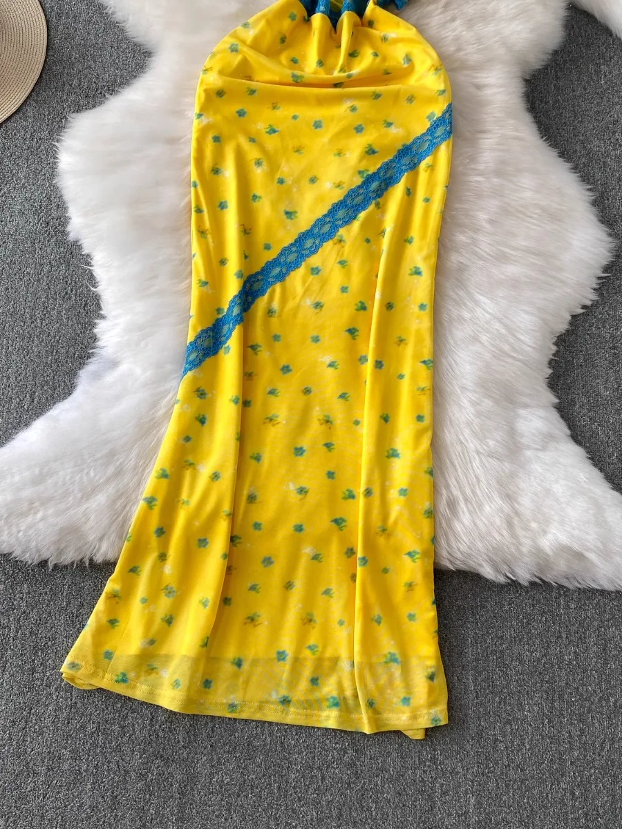 Foamlina Vacation Yellow Slimming Maxi Dress Women's Summer Sexy Backless Halter Floral Lace Cutout Cinched Waist Long Dress