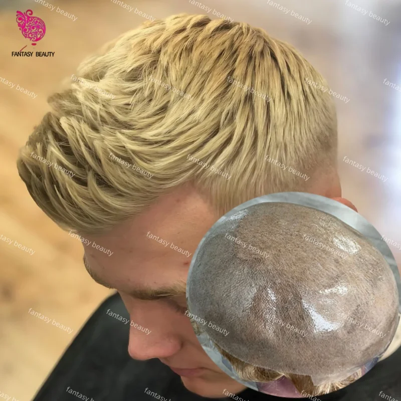 

Высококачественный мужской парик тонкой кожи 0,04-0,05 мм # 613 # 22R Самый светлый цвет человеческих волос, мужские капиллярные протезы, натуральные волосы