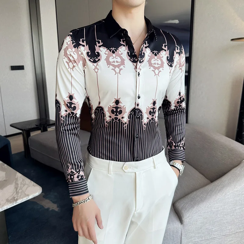 Plus Size 6XL-M Luxury Vintage Printing Brand Shirt Autumn New Fashion Long Sleeve Slim Fit Casual Business Social Party Tuxedo