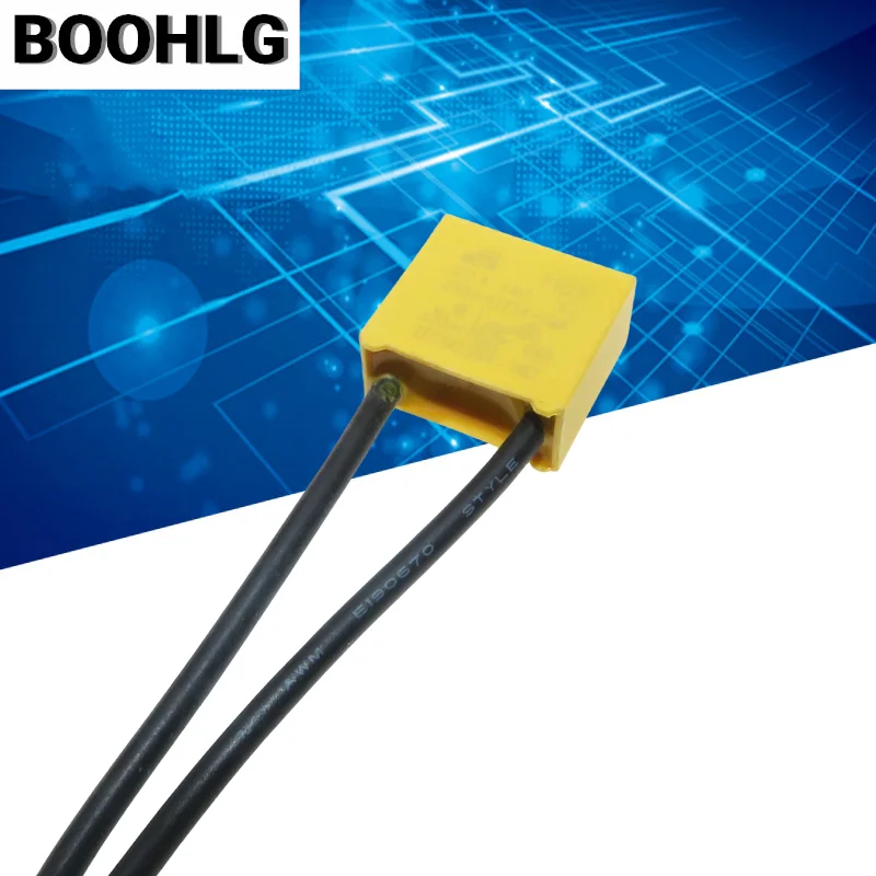 Linha da fita da capacitância da segurança, fio flexível do alojamento, ANÚNCIO K, X2, 250V-275V, 0,1 uF, 0,15 uF, 0,22 uF, 0,33 uF, 0,47 uF, 5 PCes