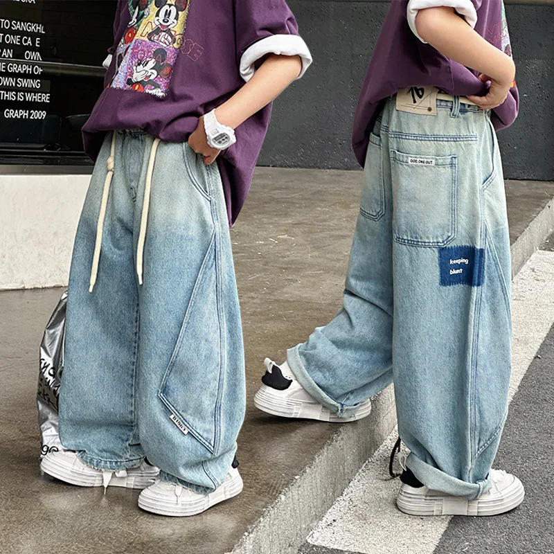 جينز للأولاد 2026 ربيع خريف جديد للأطفال في سن المراهقة ملابس خروج أمريكية عصرية ماركة مستقيمة الساق فضفاضة واسعة الساق من قماش الدنيم #1