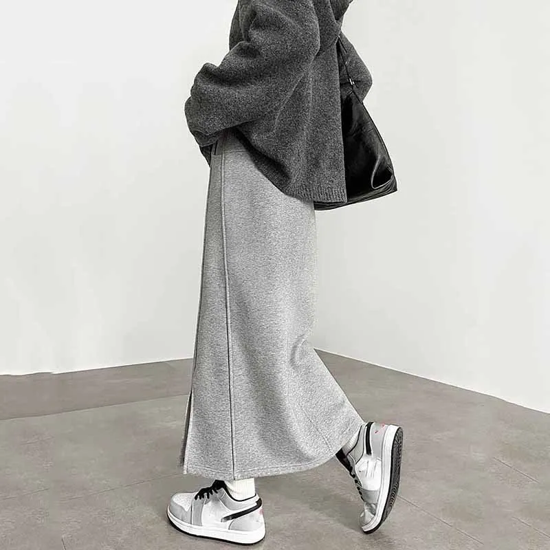 Women's Gray Split Midi Skirts Elasticity Waist Casual Loose Long Skirts Female Autumn Winter Thicken Plus Velvet Straight Skirt