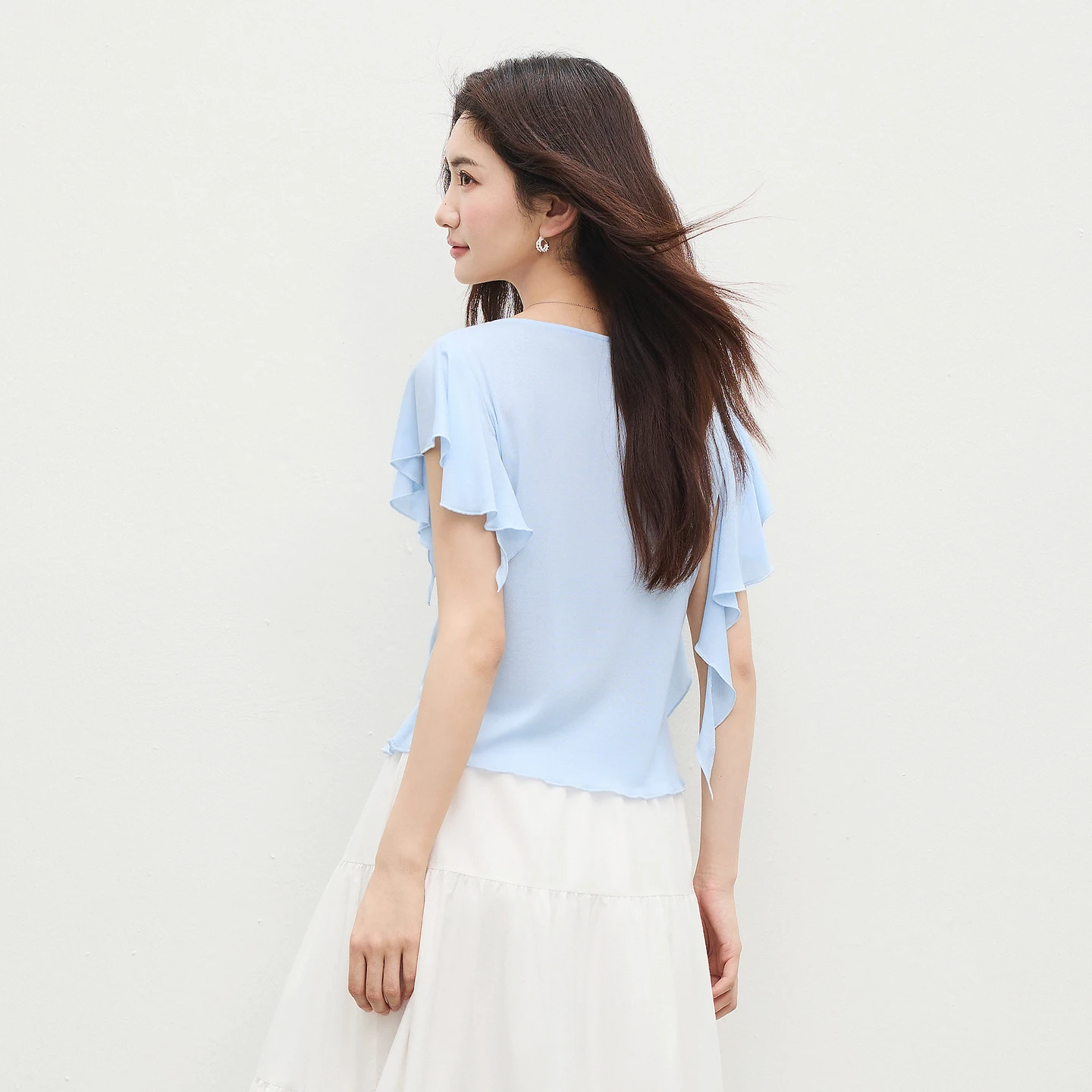 SENTUBILA Women's Summer New Short Sleeve T-shirt Round Neck Asymmetric Lotus Leaf Streamer Knitted Top Daily Wear 162TA7164
