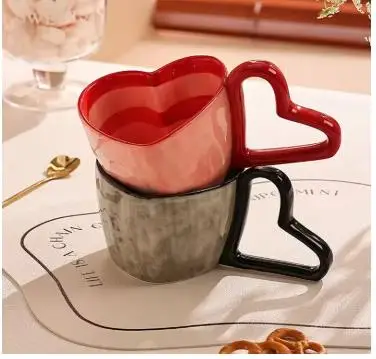 Creative Heart-shaped Ceramic Mug Breakfast Cup Milk Cup Heart-shaped Handle Coffee Mug Household Beverage Cups Couple Cups