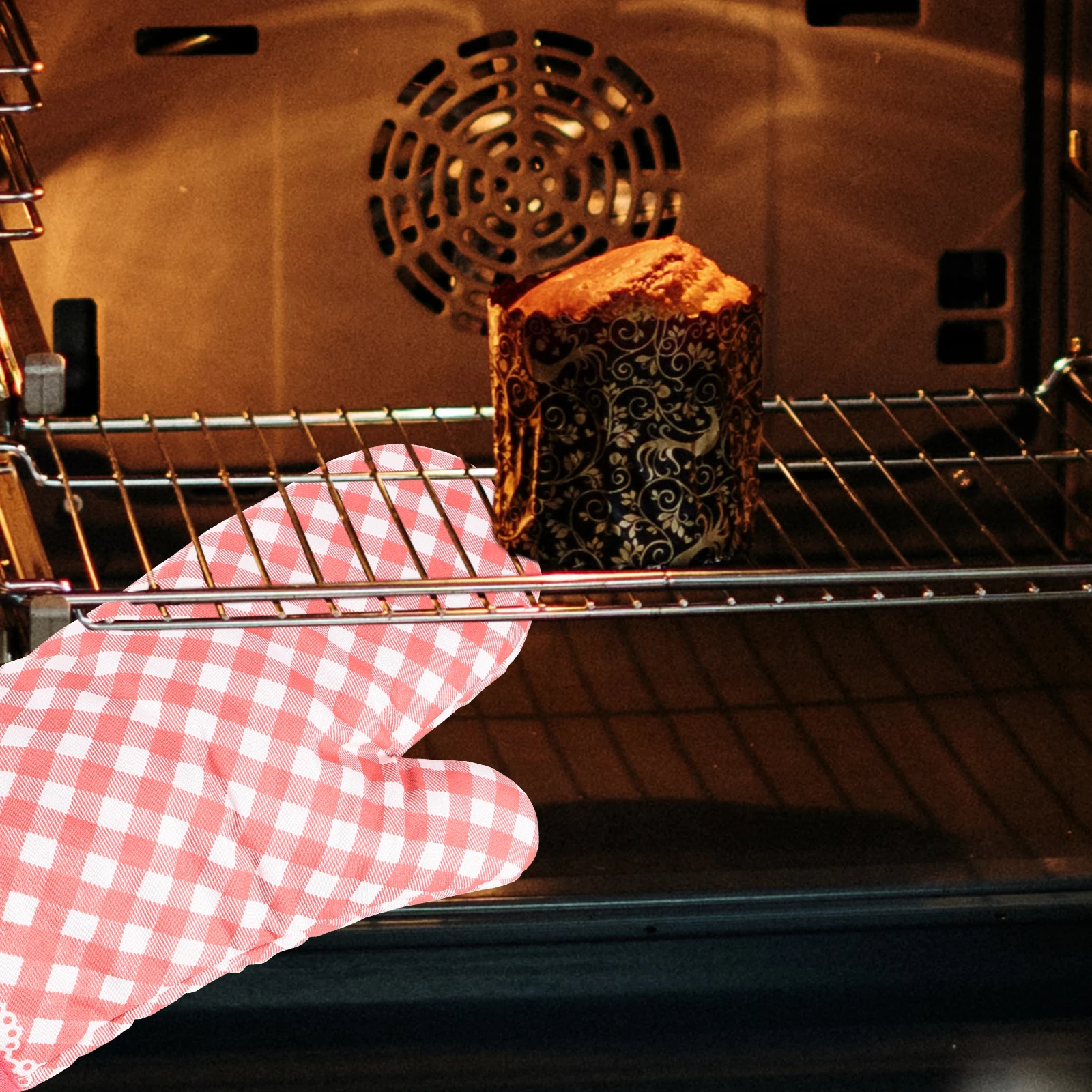 

4 Pieces Pink Lace Check Heat Resistant Oven Mitts Thick Cotton Anti Scald Baking Gloves Microwave Pot Protector Set