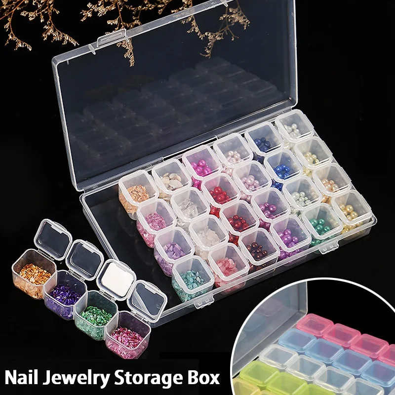 Caixa De Armazenamento De Plástico transparente para Nail Art Tools, Beads Container, Jóias de Diamante Container, Ponto Cruz Organizador, Caso Pill, 5 Cores, 28 Grades