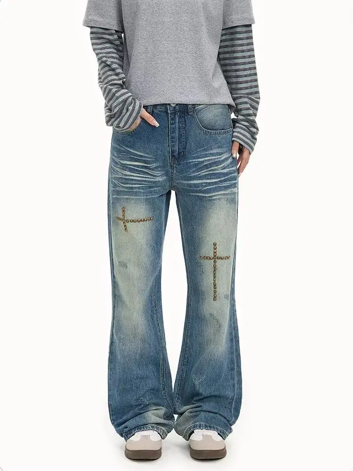 Men's Distressed Square-Studded Slightly Flared Denim Jeans Unisex Slim-Fit Durable Versatile Simple Retro Long Pants.
