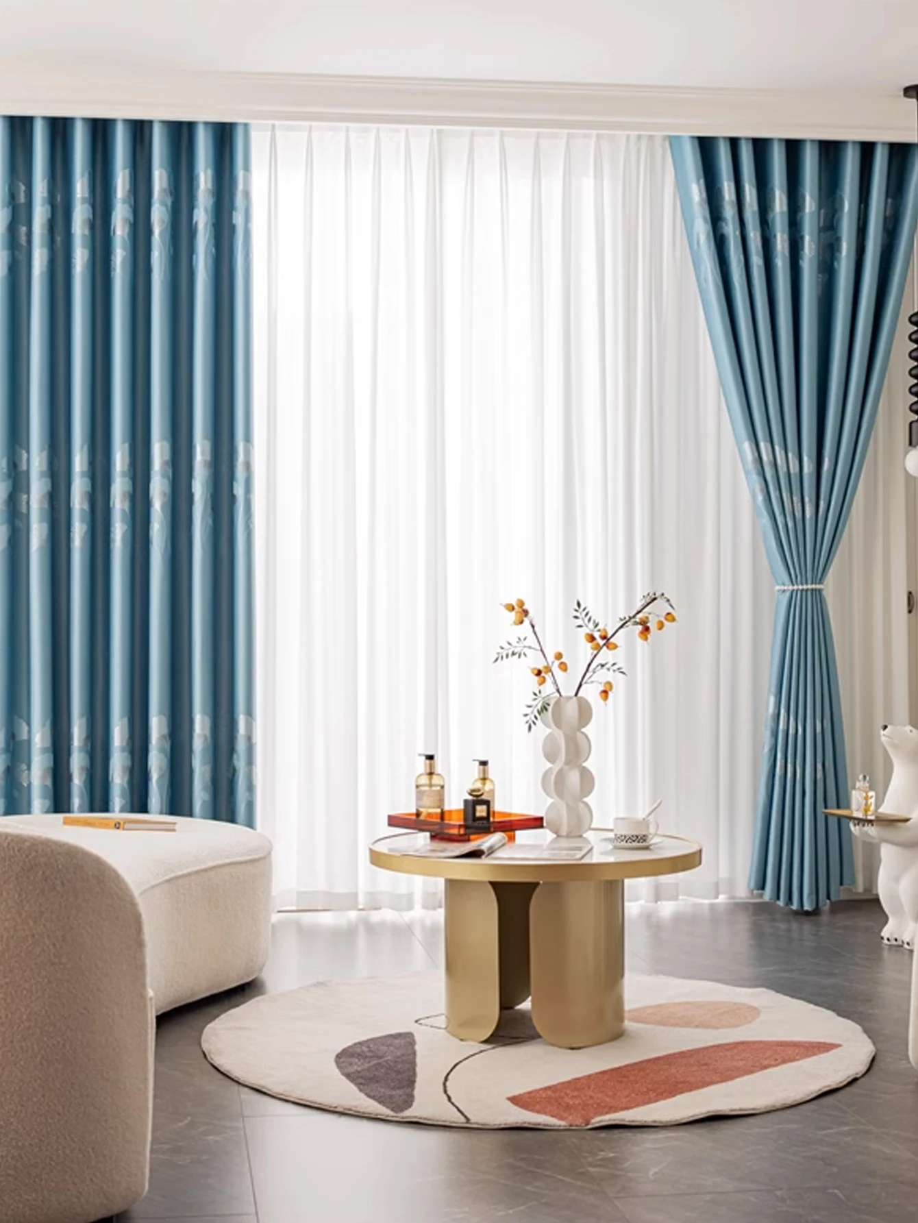 Curtain Finished Product Blue Ginkgo Leaf Print Blackout Partition Home Apartment Perforated Hook Customization