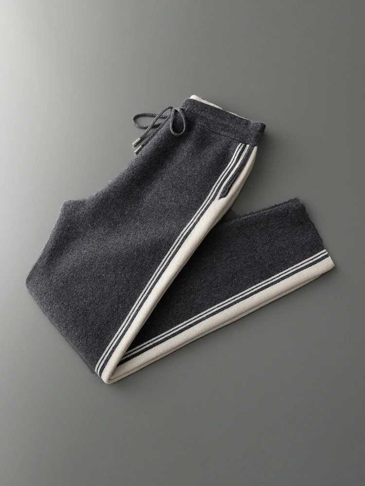 Chic High Quality Men's Autumn Winter Thick Knitted Straight Leg Pants 100% Merino Wool Casual Jacquard Contrast Color Trousers