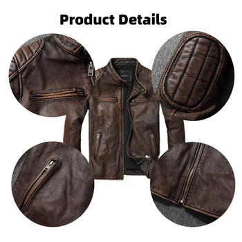 New 100% Cowhide Leather Jacket men Top Layer Clothes Men's Stand Collar Motorcycle Clothes  Autumn Winter Plus Size motorcycle 4