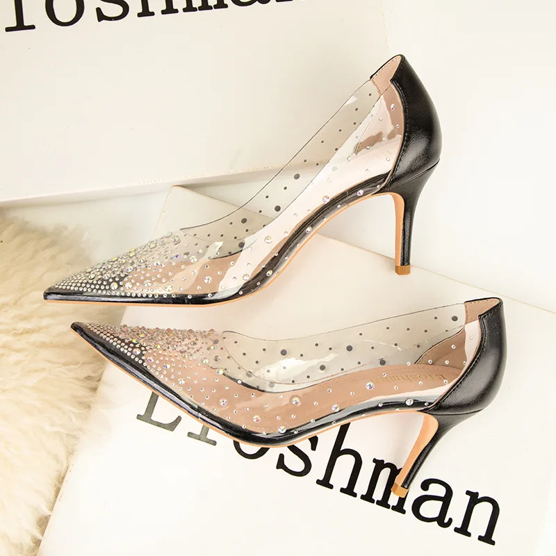 Sexy Transparent Crystal Women Pumps Autumn Black Silver PU Leather High Heels Stiletto Ladies Slip-on Party Bride Shoes Pointed