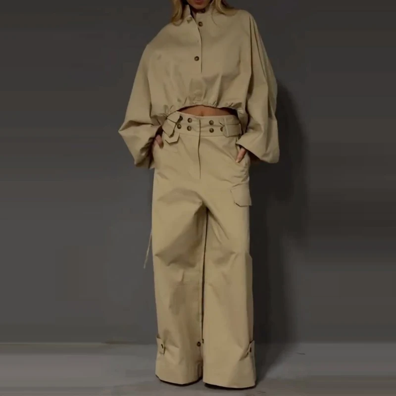 Elegant Lady High Waist Pocket Pants Sets Fashion Casual Button Commute Outfit Chic Jacket Long Sleeve Solid Color Two Piece Set