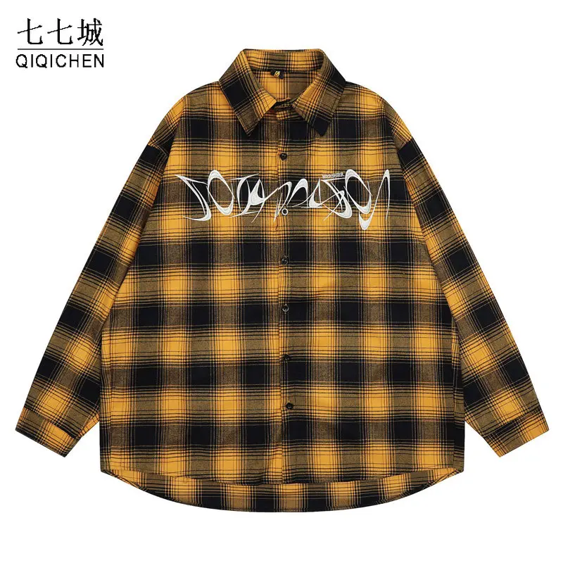 Mens Plaid Shirt Cotton Embroidery Letter Turndown Collar Shirts Japanese Harajuku Casual Long Sleeved T-shirt Couple Jackets