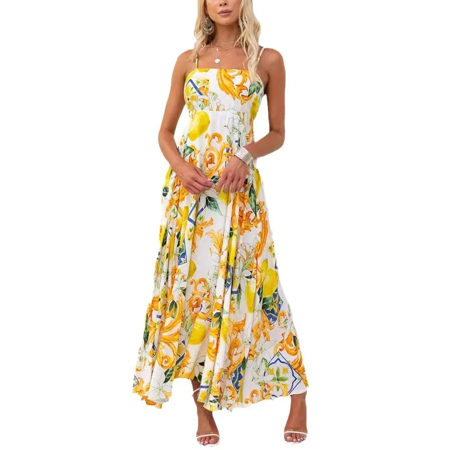 

2024 Spring/Summer New Print Hanging Strap Back Tie Elegant Dress For Women