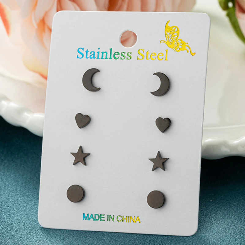 4Pairs/Lot Stainless Steel Round Ear Studs Black for Men Women Minimal Geometric Jewelry Heart Moon Star Earrings Pendientes