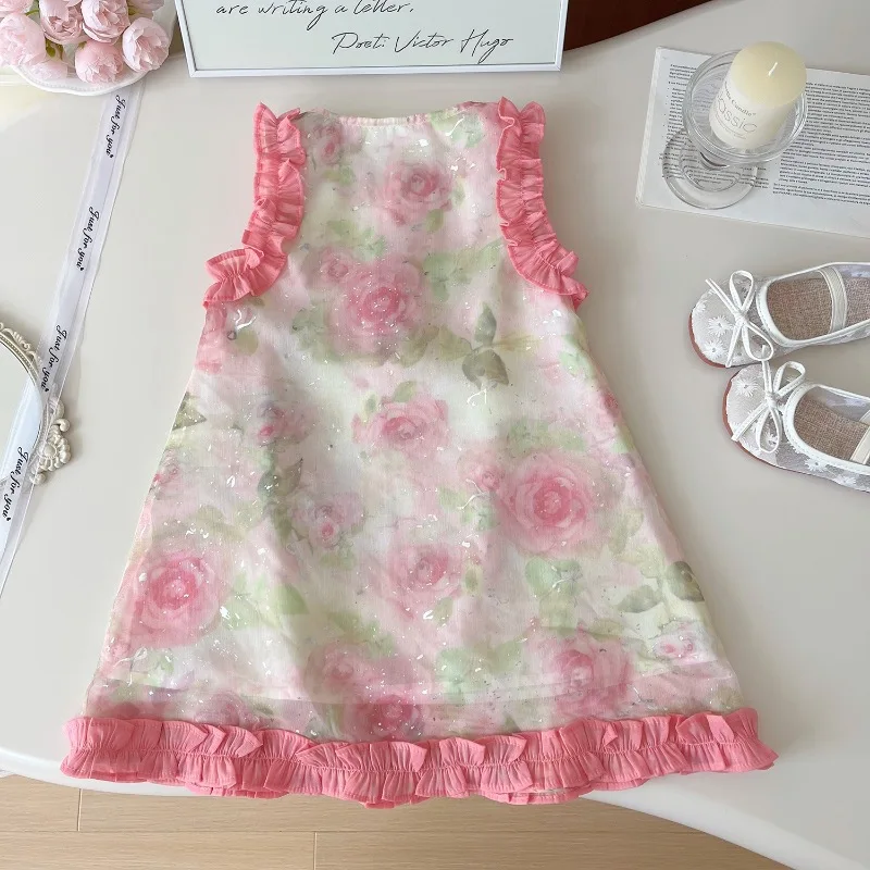 Girls Clothing Set Summer Sleeveless Lace Shirt+Shorts Fashion Retro Flower Kids Dresses Birthday Party Children Dress 2-7Yrs