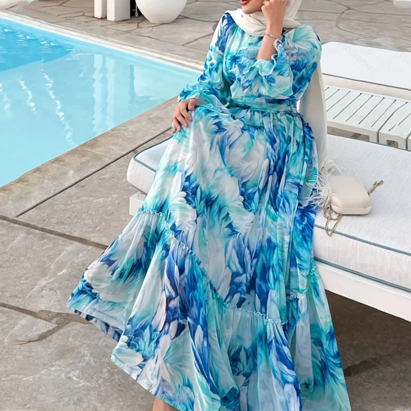 Middle East New Fashion Women's Asymmetrical Casual Trendy Elegant Loose Tie Dye O-neck Lantern Sleeve Dresses Female Clothes