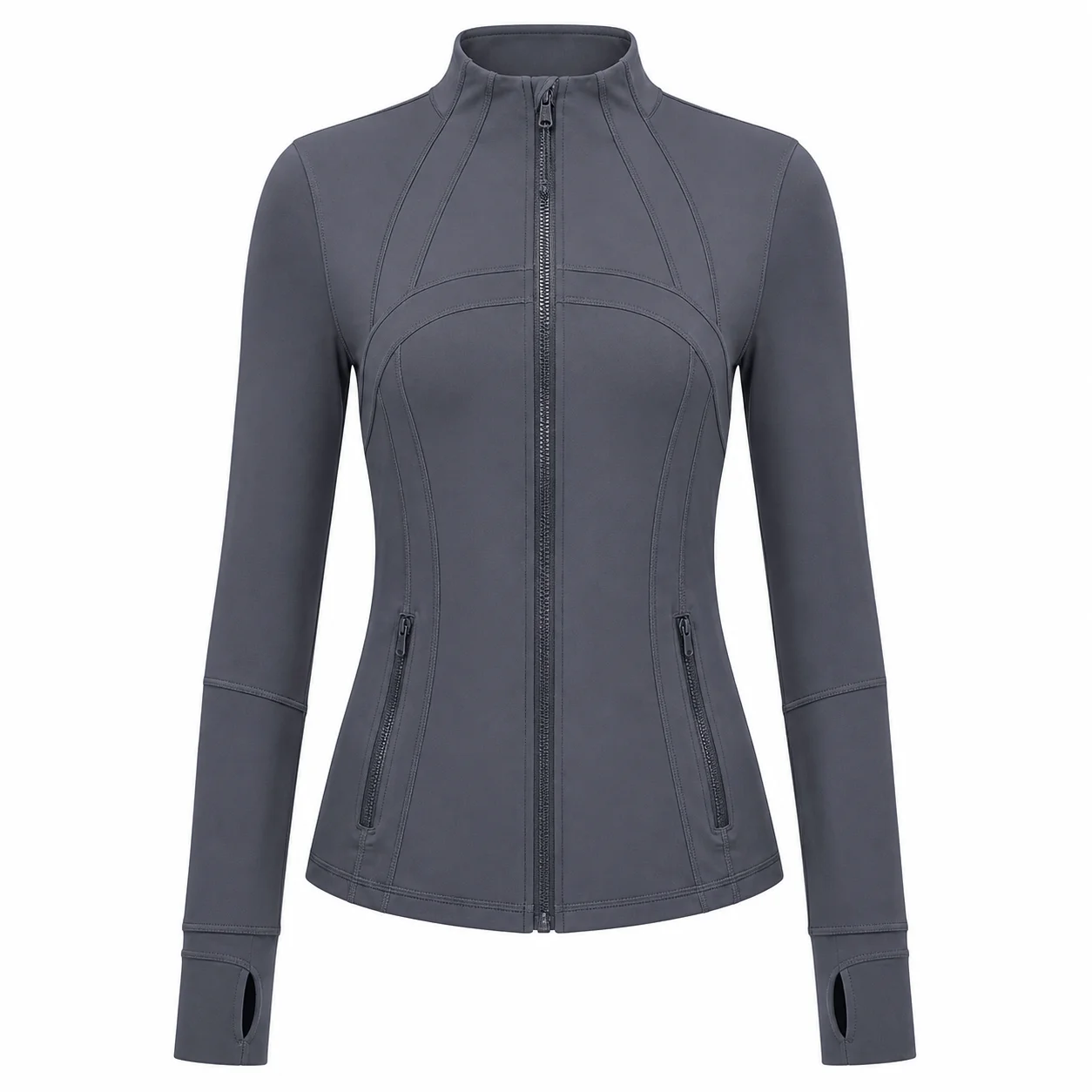 Women's Charcoal Gray Slim Fit Full Zip Sports Jacket Stand Collar Long Sleeve Thumbhole Workout Running Yoga Outerwear